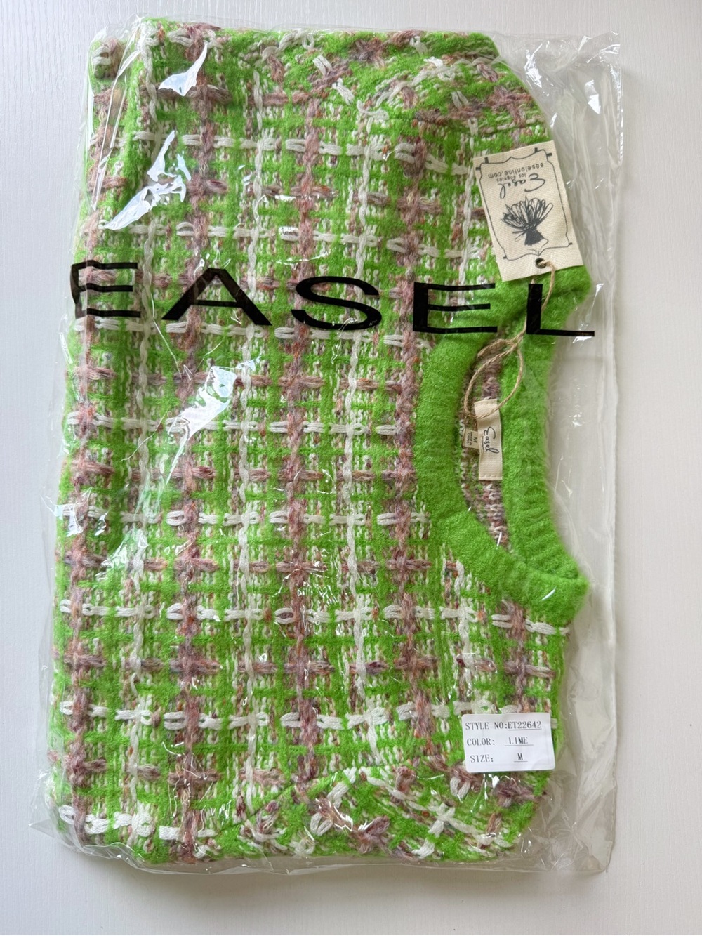 Easel Totally Buggin Tweed Sweater Top Lime Green Plaid 99s Clueless New Medium - Picture 12 of 14
